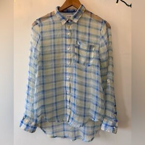 Abercrombie & Fitch Light Blue and Cream Sheer Plaid Button up Shirt Small